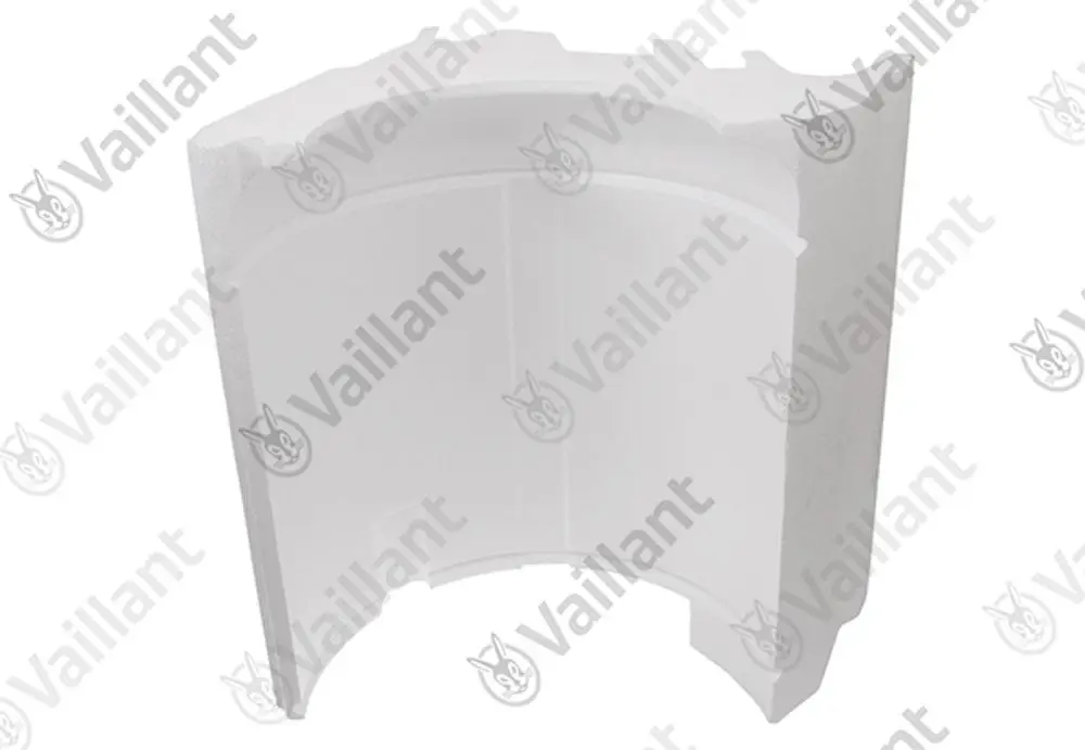 Isolierung aus weißem Material mit gebogener Form, wahrscheinlich für Heizsysteme, mit dem Logo von Vaillant im Hintergrund.